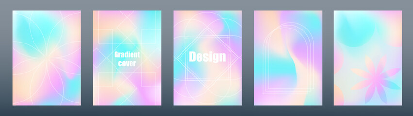Set of blue pink blurred backgrounds with modern abstract soft pastel color gradient patterns.  Minimalist style cover templates collection with geometric shapes, colorful and liquid color. Vector