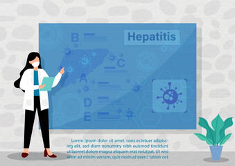 Doctor in cartoon character explaining about hepatitis with the giant computer screen and example texts in a clinical room. World hepatitis day's poster campaign in flat style and vector design.