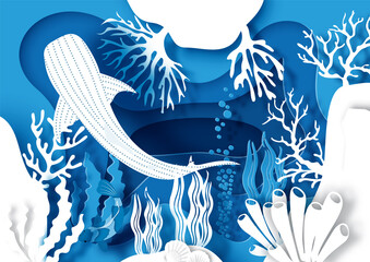 Card and poster scene of under the sea and ocean in layers paper cut style and vector design with white whale shark.