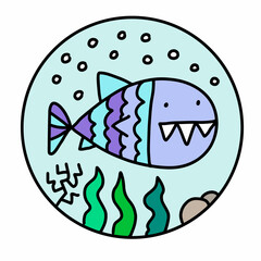 Obraz premium Fish crazy monster hand drawn vector icon logotype in cartoon doodle style