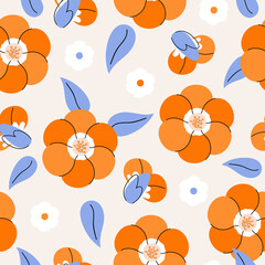 Primula flower vector seamless pattern. Summer spring orange flower on beige background. Floral botanical illustration for branding, package, fabric and textile, wrapping paper