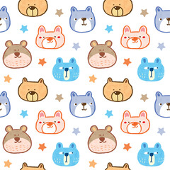 Seamless Pattern with Cartoon Bear Face and Star Design on White Background