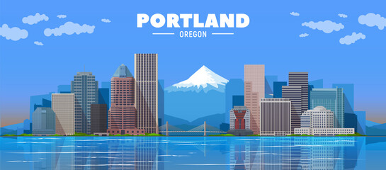 Portland skyline vector illustration. Travel and tourism background. Vector blue and mountain background. Line and flat illustration. - obrazy, fototapety, plakaty