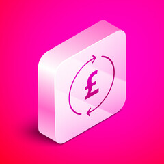 Isometric Coin money with pound sterling symbol icon isolated on pink background. Banking currency sign. Cash symbol. Silver square button. Vector