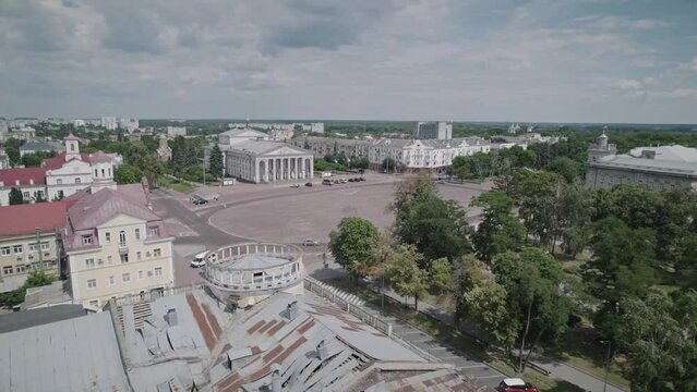 Aerial filming of one of the destroyed buildings after a missile attack in the center of Chernihiv