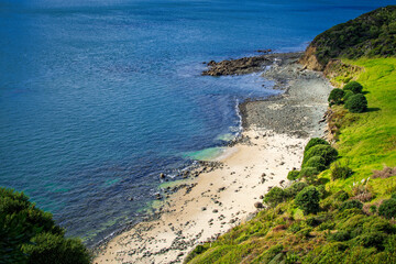 Fototapeta premium A crescent of sandy beach at the bottom of South Head hills. Martin's Beach, Hokianga Harbour, Northland, New Zealand