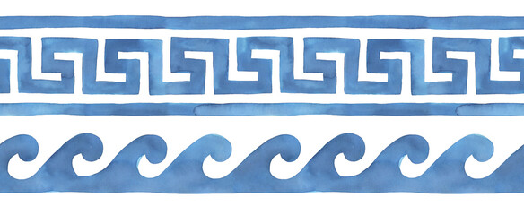 Seamless repeatable borders of stylized Greek motifs in indigo blue color. Hand painted watercolour drawing on white, isolated decorative elements for design decoration, print, banner, card, web site. - 515596441