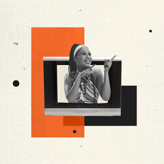 Fototapeta na wymiar Contemporary art collage. Stylish, beautiful woman sticking out TV screen and making advertisement announcement