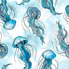 Watercolor jellyfish pattern. Colorful seamless jellyfish sea pattern. Perfect for greetings, invitations, manufacture wrapping paper, textile and web design. Watercolor ocean pattern.