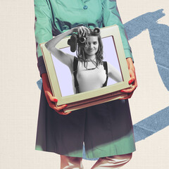 Contemporary art collage. Stylish girl sticking out retro computer screen and making photo with...