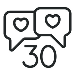 Two dialogues with hearts, love communication and the inscription 30, 30 years of age for relationships - vector sign, web icon, illustration on a white background, outline style