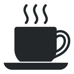 A cup of hot tea, coffee on a saucer, steam rises - vector sign, web icon, illustration on a white background,  glyph style