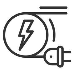 Wire with an electric plug is wound on a drum with lightning - vector sign, web icon, illustration on a white background, outline style
