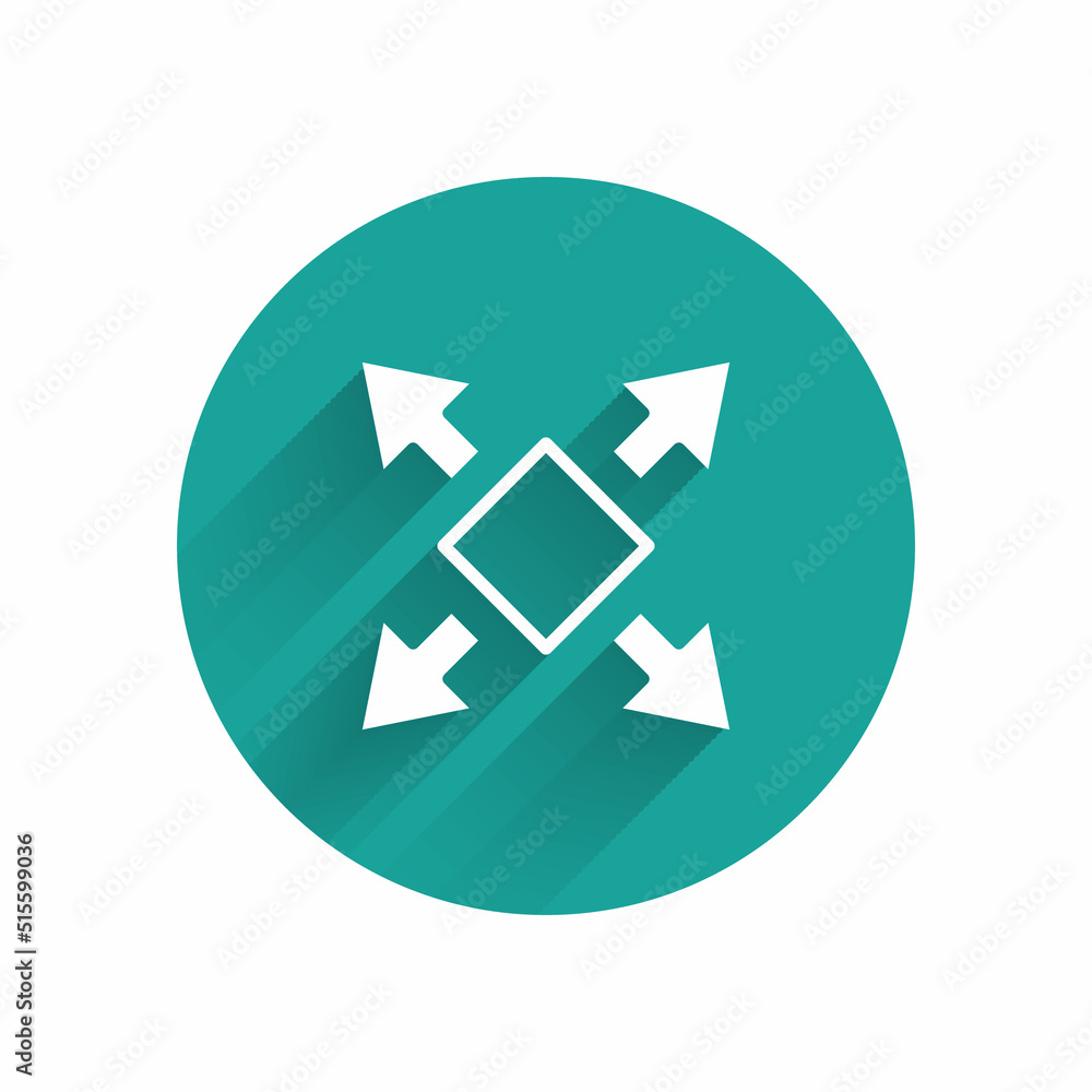 Poster white many ways directional arrow icon isolated with long shadow background. green circle button. ve