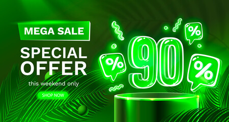 Mega sale special offer, Neon 90 off sale banner. Sign board promotion. Vector