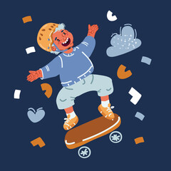 Cartoon vector illustration of young boy jumping with a longboard