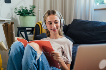 schoolgirl has online class from her home. online education concept