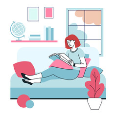Young woman reading at home. Remote study. Education at home. Flat, vector.