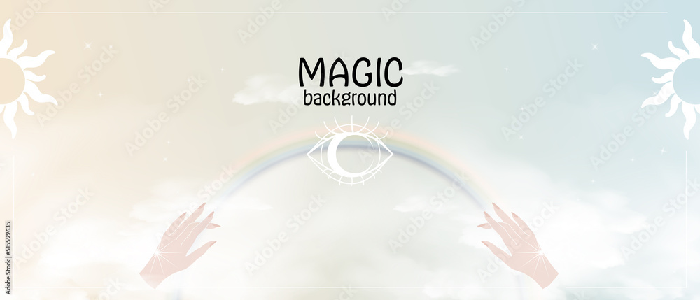 Wall mural mystic magical astrology background template. light sunlight gradient sky and clouds, women hands cr