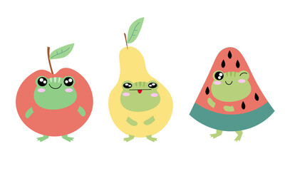 Cute funny green frog in fruit suit set collection. Vector hand drawn cartoon kawaii character illustration design set. Funny cartoon toad frog mascot character for social media bundle concept EPS