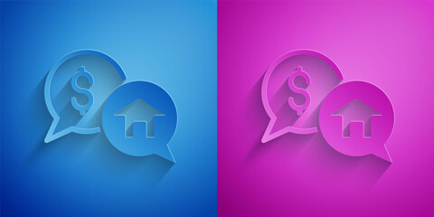 Paper cut Real estate business concept with speech bubbles icon isolated on blue and purple background. Paper art style. Vector