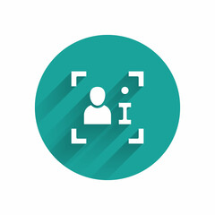 White Television report icon isolated with long shadow background. TV news. Green circle button. Vector