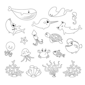 Set of cute sea creatures with corals on white background in line style