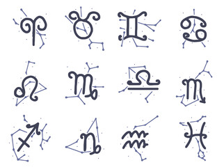Vector set of zodiac signs with constellations in doodle style isolated on white background. Horoscope symbols clip art.