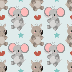Seamless pattern with cute wild kid animal. African safari rino and elephant. . Vector illustration Scandinavian style flat design. Concept for kids, textile print, poster, card EPS