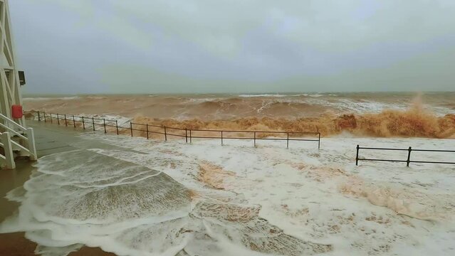 Sidmouth, Devon, United Kingdom - Dec 7, 2021: Coastal storm surge Storm Barra