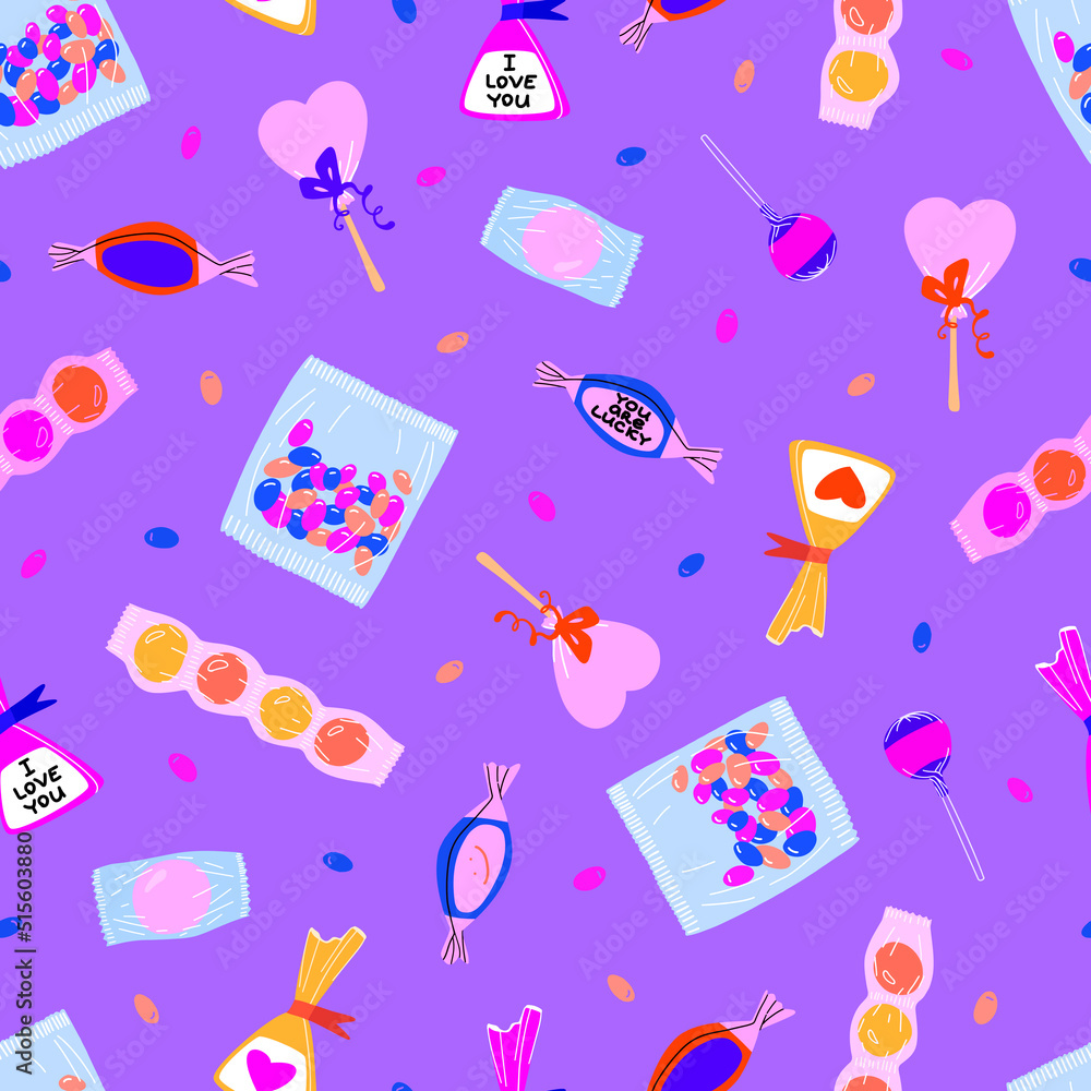 Poster seamless vector bright pattern with candies and different sweets on a white background. background f