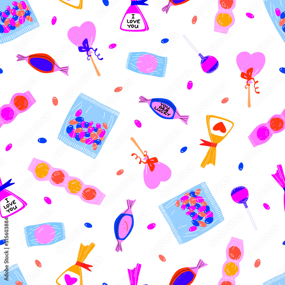 Poster seamless vector bright pattern with candies and different sweets on a white background. background f