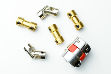 Set of a different couplings for RC model toys. On black background. Selective focus.