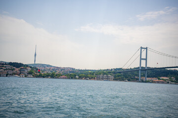 The Bosphorus Bridge and boats in Istanbul, Turkey