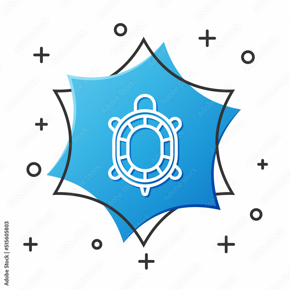 Poster white line turtle icon isolated on white background. blue hexagon button. vector