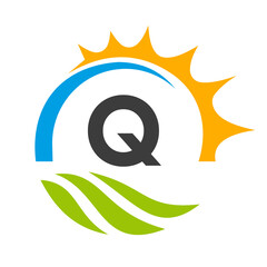 Letter Q Agriculture Logo Vector Template. Agriculture Logo Concept with Green Field and Bright Sun Element