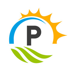 Letter P Agriculture Logo Vector Template. Agriculture Logo Concept with Green Field and Bright Sun Element