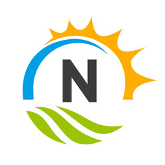 Letter N Agriculture Logo Vector Template. Agriculture Logo Concept with Green Field and Bright Sun Element