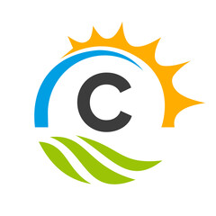 Fototapeta na wymiar Letter C Agriculture Logo Vector Template. Agriculture Logo Concept with Green Field and Bright Sun Element
