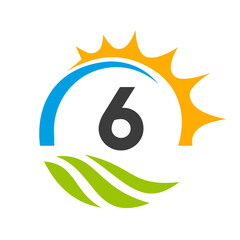 Letter 6 Agriculture Logo Vector Template. Agriculture Logo Concept with Green Field and Bright Sun Element
