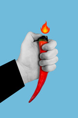 Creative artwork collage of person hold arms hot burning spicy chili pepper lighter isolated blue color background