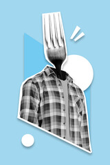 Creative vintage photo collage of weird unusual person with fork face look advert space special cafe offers