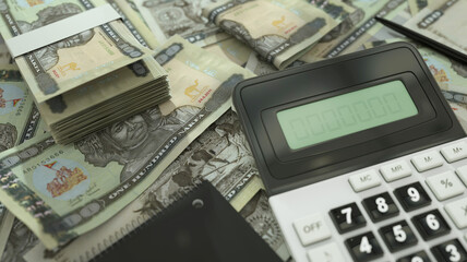 Fototapeta premium 100 Eritrean nakfa notes spread out with a calculator, pen and notebook. 3d rendering