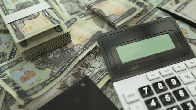 100 Eritrean nakfa notes spread out  with a calculator, pen and notebook. 3d rendering
