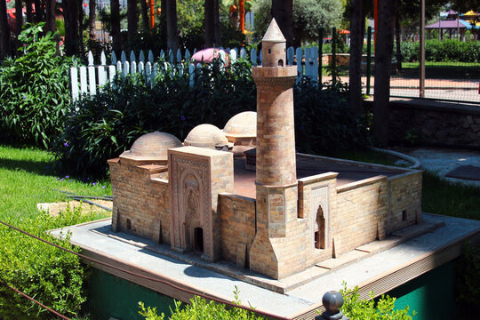 Antalya, Turkey - July 1, 2022: Model of Alaaddin mosque in Nigde at Dokuma Park, a popular park with an open-air museum of miniature Turkish landmarks