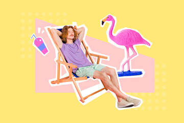 Creative collage picture of guy sitting take nap chaise lounger cocktail cup pink flamingo isolated...