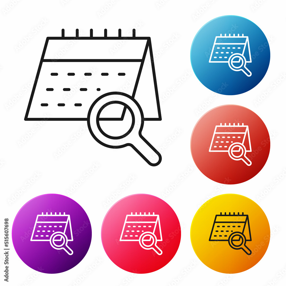 Poster black line calendar search icon isolated on white background. set icons colorful circle buttons. vec