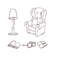 Set of furniture for rest and sleep outline. Sofa, armchair, bed. illustration