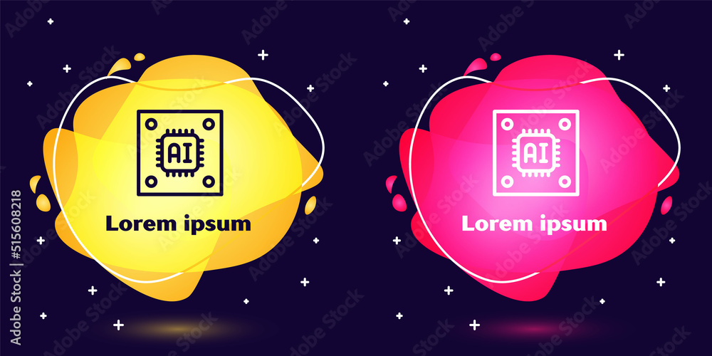 Poster Set line Computer processor with microcircuits CPU icon isolated on blue background. Chip or cpu with circuit board sign. Micro processor. Abstract banner with liquid shapes. Vector