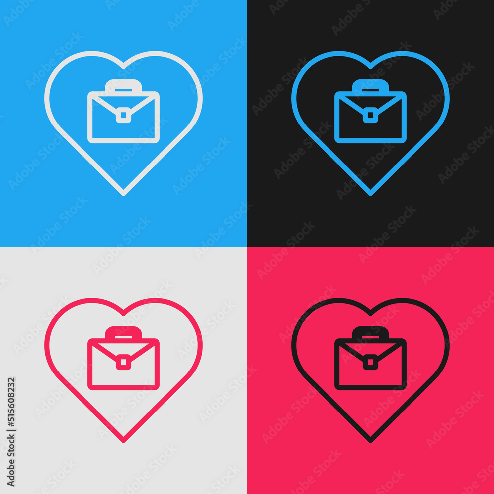 Poster pop art line heart with text work icon isolated on color background. vector